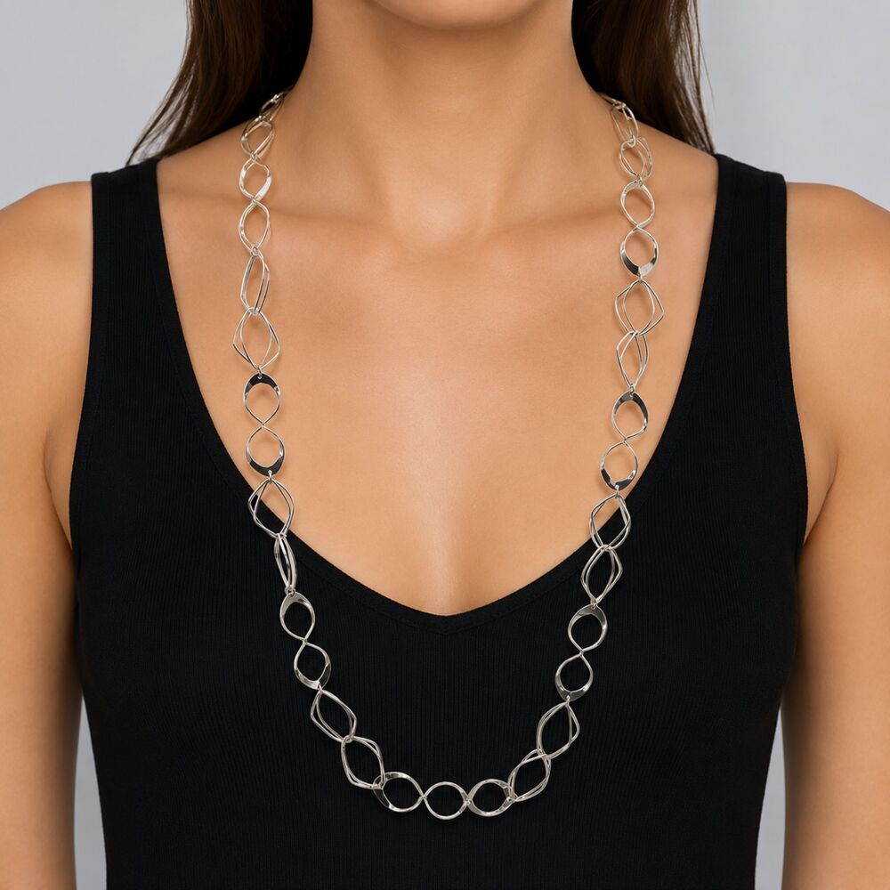 Chico's Silver Tone Modernist Mixed Geometric Ovals 40.5 inch Long Necklace